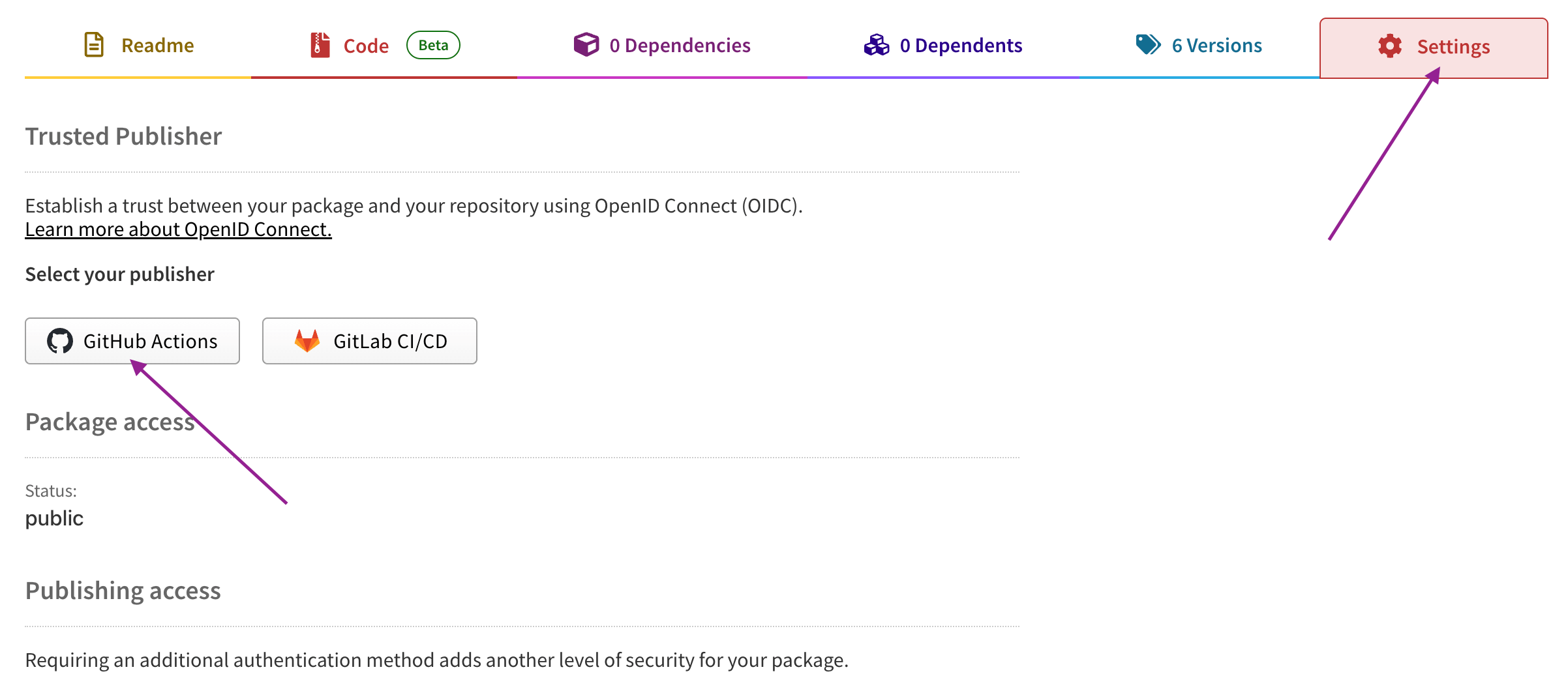 Trusted Publishing in Settings